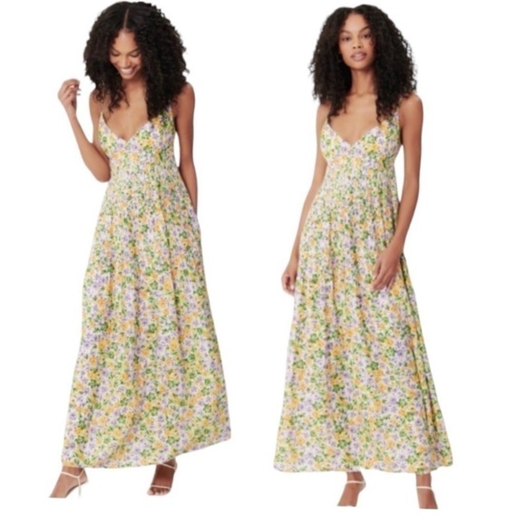Nicholas Susan Pleated Floral Print A-Line Sleeveless Linen Maxi Cocktail Dress